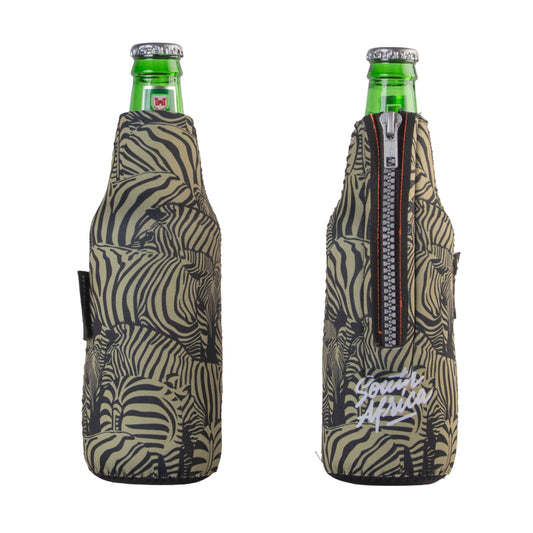 Frosty Zebra Khaki Neoprene Beer Zip Cooler Sleeves