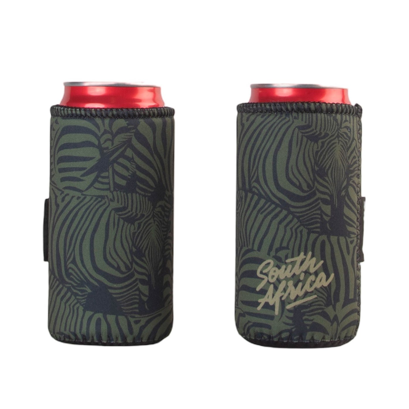 Frosty zebra olive green long tom neoprene can cooler sleeve 440ml