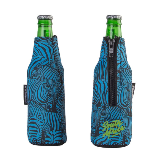 Frosty Zebra Blue Neoprene Zipped Beer Bottle Cooler Sleeve